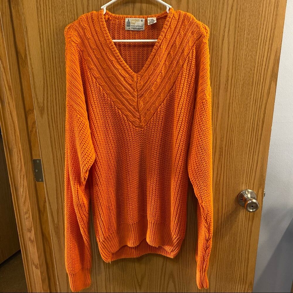 Vintage London Fog Oversized Ribbed V-Neck Sweater Size XL Orange Ramie Blend